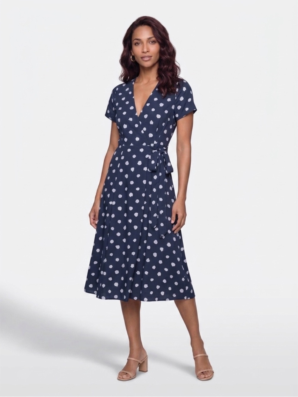Slate & Willow Navy and White Polka Dot Wrap Midi Dress XS